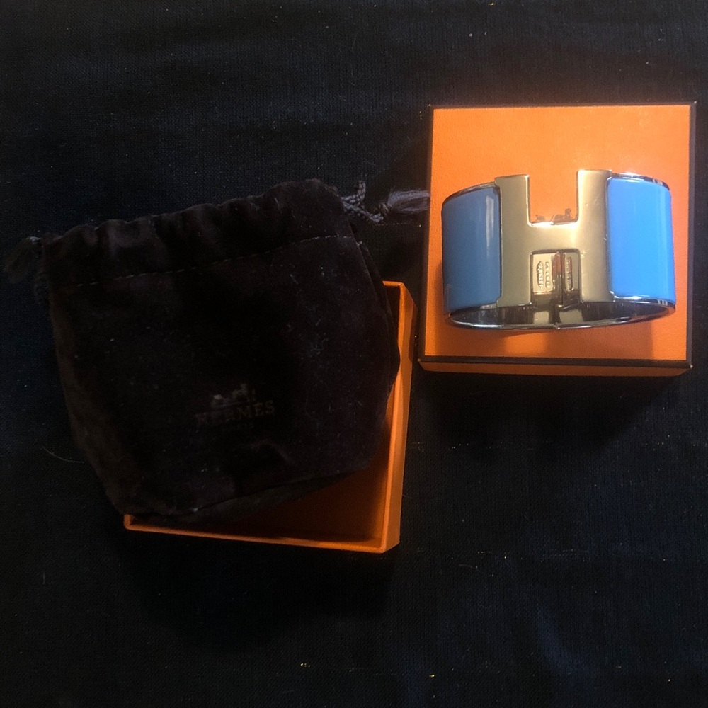 Hermes Click H X wide 3.5 cm bracelet I silver & blue France w/ Hermes pouch box - Picture 6 of 12